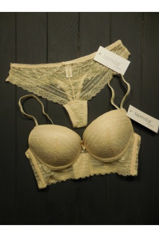 Комплект бюстье и трусики стринги из нежного кружева 75008 в бежевом цвете