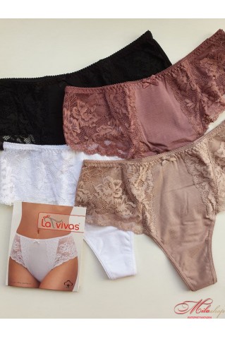 Трусики-стринги из хлопка и кружева с высокой посадкой La Vivas 10176